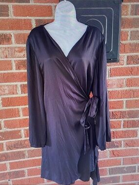 Adore Me Black Satin Tie-Waist Wrap Robe